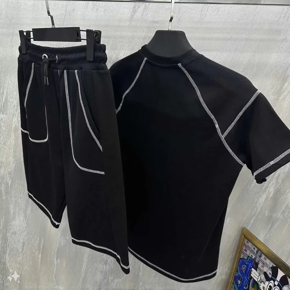 Unisex Kombin Şıklığı Siyah Karoyaka Dikiş Detaylı Şortlu Takım () 2'li Set ürün görseli 1