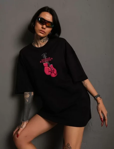 Baskılı Unisex Siyah Dark-Mode Minimalist Oversize Tişört ürün görseli 1