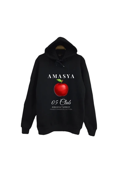 fame-stoned Amasya -05 - Elma - Şehir Baskılı Unisex %100 Pamuk Kapüşonlu Siyah Sweatshirt ürün görseli 1