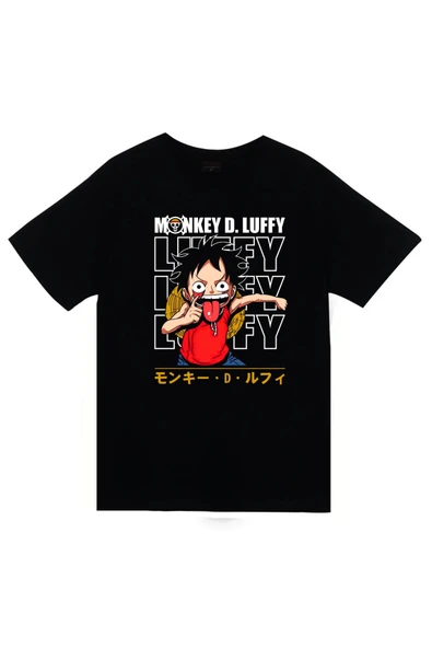fame-stoned One Piece - Monkey D. Luffy - Anime Baskılı Unisex %100 Pamuk Siyah T-shirt ürün görseli 1