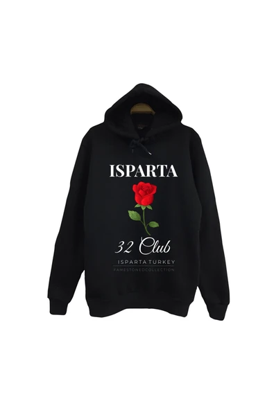 fame-stoned Isparta - 32 - Gül - Lavanta - Şehir Baskılı Unisex %100 Pamuk Siyah Kapüşonlu Sweatshirt ürün görseli 1