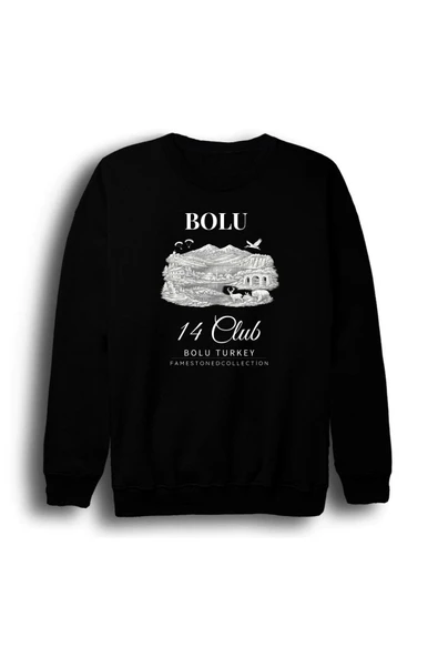 fame-stoned Bolu Abant Yedigöller Gölcük Doğa Şehir Baskılı Unisex %100 Pamuk Bisiklet Yaka Siyah Sweatshirt ürün görseli 1