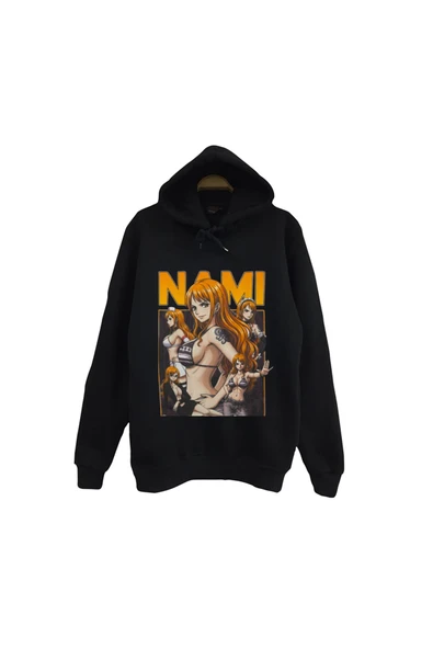 fame-stoned One Piece - Nami - Anime Baskılı Unisex %100 Pamuk Siyah Kapüşonlu Sweatshirt ürün görseli 1