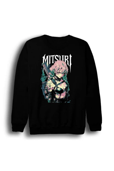 fame-stoned Demon Slayer - Mitsuri Kanroji - Anime Baskılı Unisex %100 Pamuk Bisiklet Yaka Siyah Sweatshirt ürün görseli 1