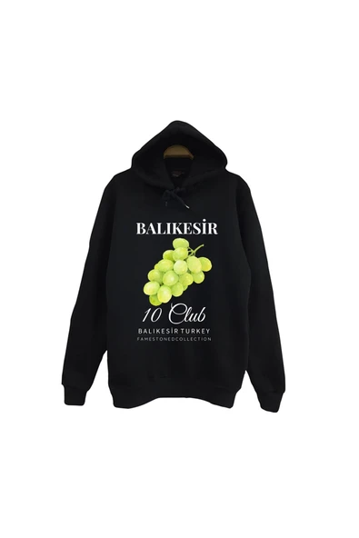 fame-stoned Balıkesir 10 Üzüm - Meyve - Sahil - Beach Şehir Baskılı Unisex %100 Pamuk Kapüşonlu Siyah Sweatshirt ürün görseli 1