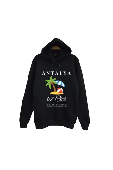 fame-stoned Antalya07BeachSahilDeniz Plaj Yaz Tatili Şehir Baskılı Unisex %100 Pamuk Kapüşonlu Siyah Sweatshirt ürün görseli 1