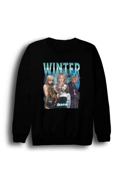 fame-stoned Aespa - Winter - K-Pop Baskılı Unisex %100 Pamuk Bisiklet Yaka Siyah Sweatshirt ürün görseli 1
