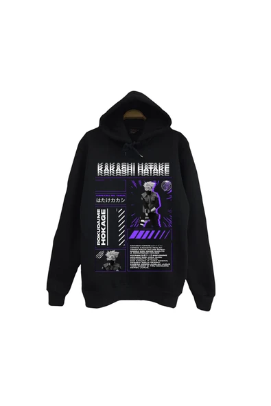 fame-stoned Naruto - Kakashi Hatake - Anime Baskılı Unisex %100 Pamuk Siyah Kapüşonlu Sweatshirt ürün görseli 1