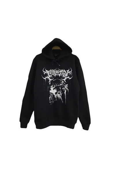 fame-stoned Gothic Baskılı Unisex %100 Pamuk Kapüşonlu Siyah Sweatshirt ürün görseli 1