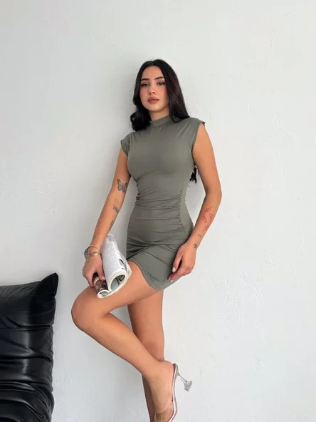 Mini Elbise Yarım Balıkçı Yaka Vücuda Oturan Şık Günlük Elbise - Mint Yeşili ürün görseli 1