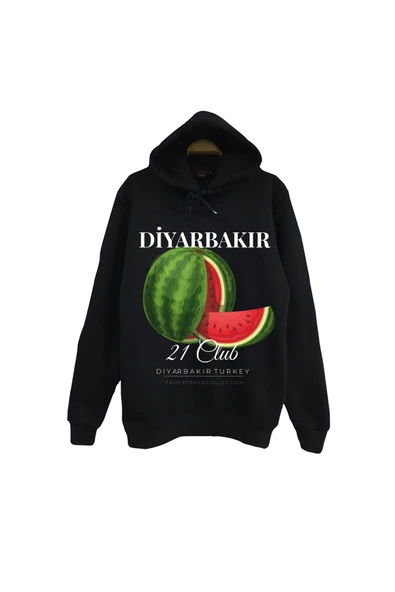 fame-stoned Diyarbakır - 21 - Surlar - Karpuz - Şehir Baskılı Unisex %100 Pamuk Siyah Kapüşonlu Sweatshirt ürün görseli 1