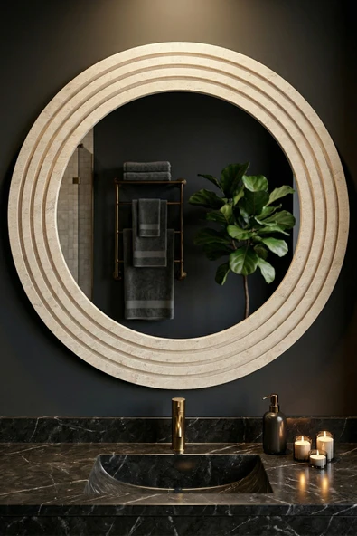 Antik Ahşap Traverten Dekoratif Ayna Banyo Lavabo Aynası Yuvarlak Ayna Duvar Aynası ( 30x43 ) ürün görseli 1