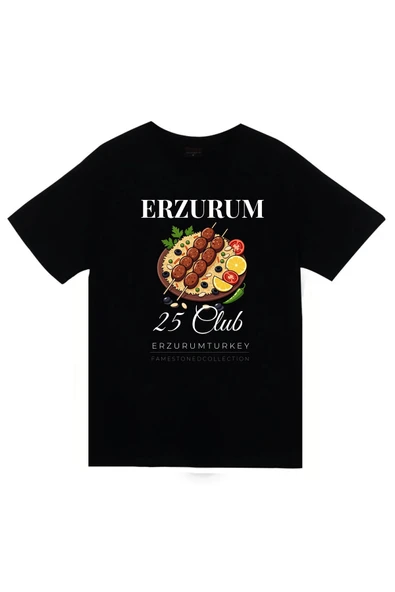 fame-stoned Erzurum 25 Palandöken - Cağ Kebabı - Şehir Baskılı Unisex %100 Pamuk Siyah T-shirt ürün görseli 1