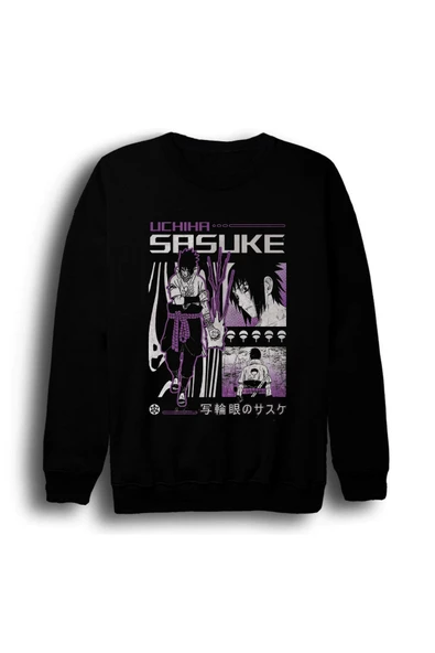 fame-stoned Naruto - Sasuke Uchiha - Anime Baskılı Unisex %100 Pamuk Bisiklet Yaka Siyah Sweatshirt ürün görseli 1