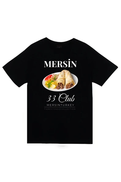 fame-stoned Mersin - 33 - Tantuni - Kızkalesi - Şehir Baskılı Unisex %100 Pamuk Siyah T-shirt ürün görseli 1