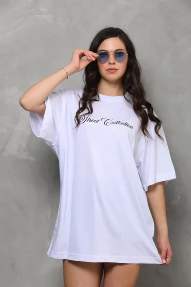 Yazı Detaylı Unisex Günlük Stil Beyaz Bisiklet Yaka Oversize Tişört ürün görseli 1