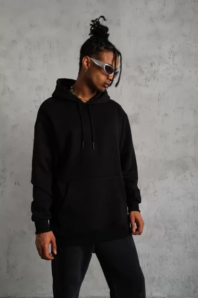 Basic Dokulu Erkek Günlük Stil Siyah Kapüşonlu Sweatshirt - Resim 4
