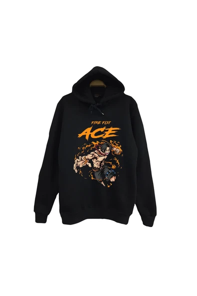 fame-stoned One Piece - Portgas D. Ace - Anime Baskılı Unisex %100 Pamuk Siyah Kapüşonlu Sweatshirt ürün görseli 1