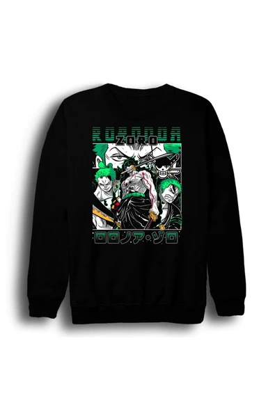 fame-stoned One Piece - Ronoa Zoro - Anime Baskılı Unisex %100 Pamuk Bisiklet Yaka Siyah Sweatshirt ürün görseli 1