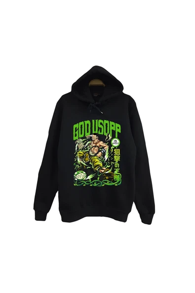 fame-stoned One Piece - Usopp - Anime Baskılı Unisex %100 Pamuk Siyah Kapüşonlu Sweatshirt ürün görseli 1