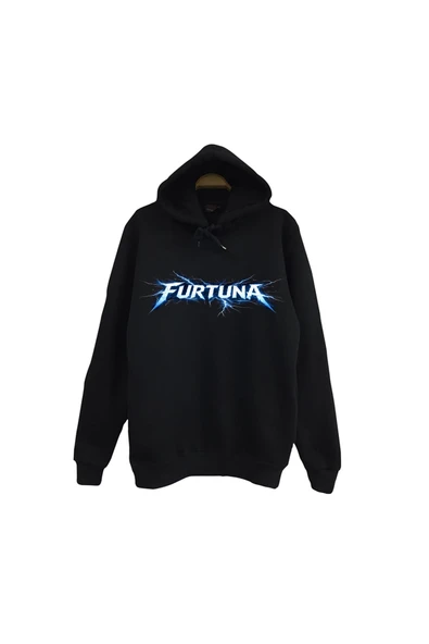 fame-stoned Furtuna - Şimşek Baskılı Unisex %100 Pamuk Kapüşonlu Siyah Sweatshirt ürün görseli 1