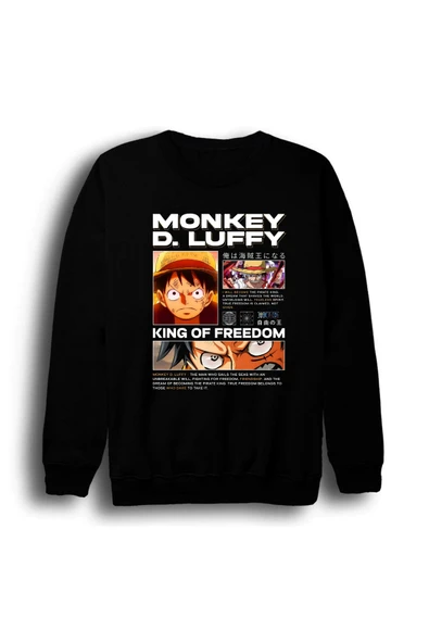 fame-stoned One Piece - Monkey D. Luffy - Anime Baskılı Unisex %100 Pamuk Bisiklet Yaka Siyah Sweatshirt ürün görseli 1