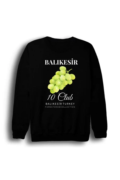 fame-stoned Balıkesir 10 Üzüm Meyve Sahil - Beach Şehir Baskılı Unisex %100 Pamuk Bisiklet Yaka Siyah Sweatshirt ürün görseli 1