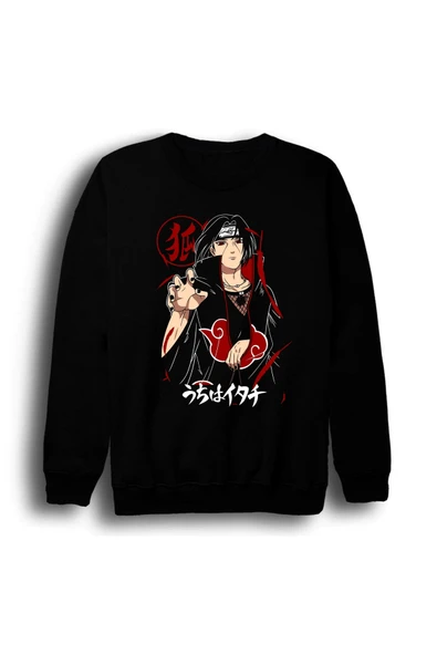 fame-stoned Naruto - Itachi Uchiha - Anime Baskılı Unisex %100 Pamuk Bisiklet Yaka Siyah Sweatshirt ürün görseli 1