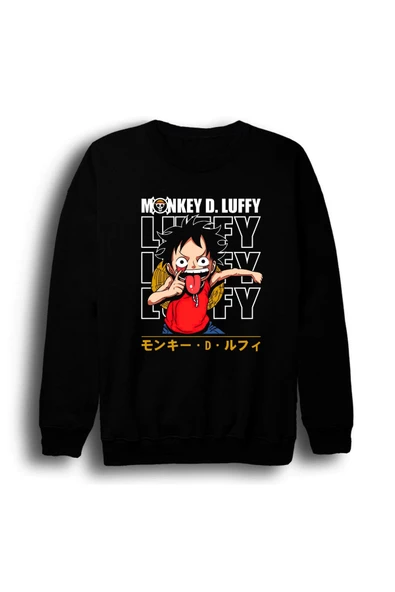 fame-stoned One Piece - Monkey D. Luffy - Anime Baskılı Unisex %100 Pamuk Bisiklet Yaka Siyah Sweatshirt ürün görseli 1