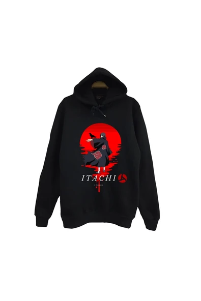 fame-stoned Naruto - Itachi Uchiha - Anime Baskılı Unisex %100 Pamuk Siyah Kapüşonlu Sweatshirt ürün görseli 1