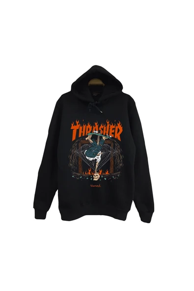 fame-stoned Thrasher - Kaykay Baskılı Unisex %100 Pamuk Siyah Kapüşonlu Sweatshirt ürün görseli 1