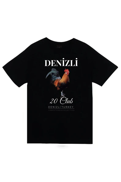 fame-stoned Denizli - 20 - Pamukkale - Horoz - Şehir Baskılı Unisex %100 Pamuk Siyah T-shirt ürün görseli 1