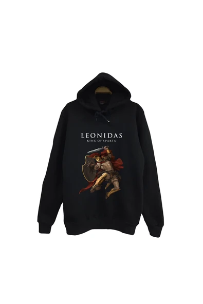 fame-stoned Leonidas - 300 Spartalı - The Spartan Baskılı Unisex %100 Pamuk Kapüşonlu Siyah Sweatshirt ürün görseli 1