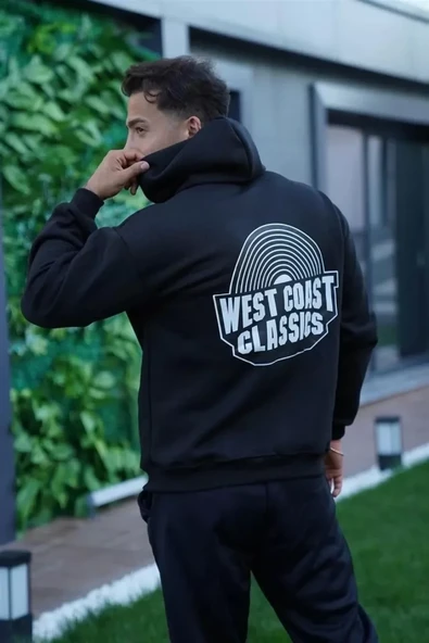 Sırt Baskılı Erkek Sokak Stili Gece Siyahı Üç İplik Kapüşonlu Oversize Sweatshirt ürün görseli 1