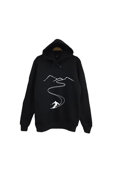 fame-stoned Kayak - Dağ Baskılı Unisex %100 Pamuk Siyah Kapüşonlu Sweatshirt ürün görseli 1