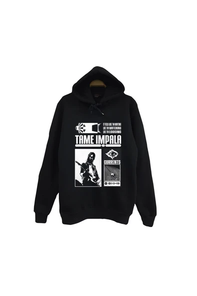 fame-stoned Tame Impala Müzik Grubu Baskılı Unisex %100 Pamuk Kapüşonlu Siyah Sweatshirt ürün görseli 1