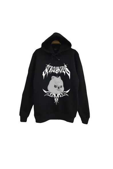 fame-stoned Stray Kids Skzoo Han Quokka Karakter Baskılı Unisex %100 Pamuk Siyah Kapüşonlu Sweatshirt ürün görseli 1