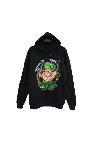 fame-stoned One Piece - Ronoa Zoro - Anime Baskılı Unisex %100 Pamuk Siyah Kapüşonlu Sweatshirt ürün görseli 1