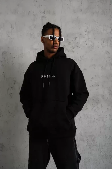 Astronot İllüstrasyon Baskılı Erkek Siyah Kapüşonlu Sweatshirt ürün görseli 1