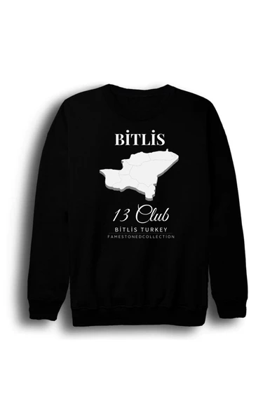 fame-stoned Bitlis 13 Nemrut Van Gölü Tatvan Doğa Şehir Baskılı Unisex %100 Pamuk Bisiklet Yaka Siyah Sweatshirt ürün görseli 1