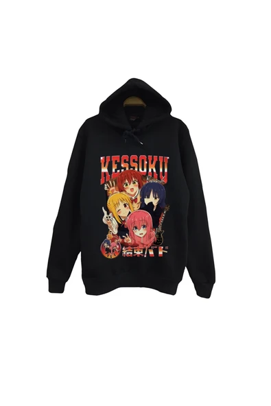 fame-stoned Bocchi The Rock - Kessoku Band - Anime Baskılı Unisex %100 Pamuk Siyah Kapüşonlu Sweatshirt ürün görseli 1