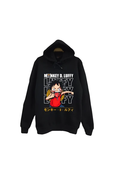 fame-stoned One Piece - Monkey D. Luffy - Anime Baskılı Unisex %100 Pamuk Siyah Kapüşonlu Sweatshirt ürün görseli 1