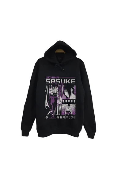 fame-stoned Naruto - Sasuke Uchiha - Anime Baskılı Unisex %100 Pamuk Siyah Kapüşonlu Sweatshirt ürün görseli 1
