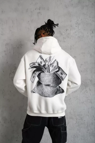 Erkek Günlük Stil Kanguru Cep Grafik Detaylı Beyaz Kapüşonlu Sweatshirt ürün görseli 1