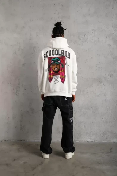 School Boy Karakter Baskılı Erkek Beyaz Kapüşonlu Sweatshirt ürün görseli 1