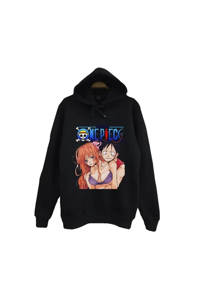 fame-stoned One Piece - Nami - Luffy - Nami x Luffy Baskılı Unisex %100 Pamuk Siyah Kapüşonlu Sweatshirt ürün görseli 1