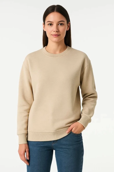Üç İplik Şardonlu Erkek Sıcak Tutan Bej Bisiklet Yaka Sweatshirt ürün görseli 1