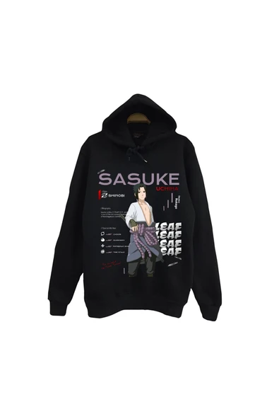 fame-stoned Naruto - Sasuke Uchiha - Anime Baskılı Unisex %100 Pamuk Siyah Kapüşonlu Sweatshirt ürün görseli 1