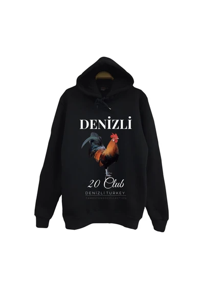 fame-stoned Denizli - 20 - Pamukkale - Horoz - Şehir Baskılı Unisex %100 Pamuk Siyah Kapüşonlu Sweatshirt ürün görseli 1