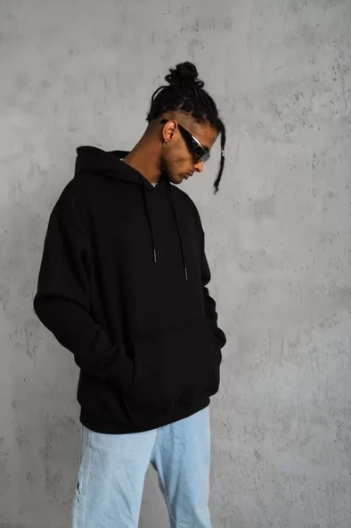 Basic Dokulu Erkek Günlük Stil Siyah Kapüşonlu Sweatshirt - Resim 3